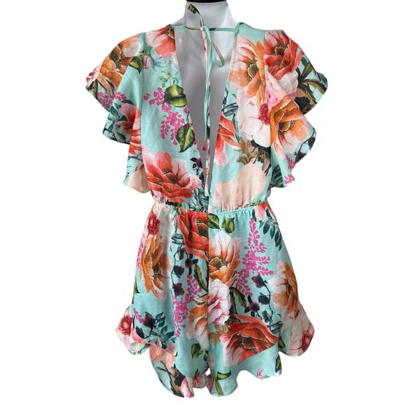 Tropical Floral Print Plunge Neck Romper Medium Flutter Ruffle Summer Resortwear - Picture 4 of 16